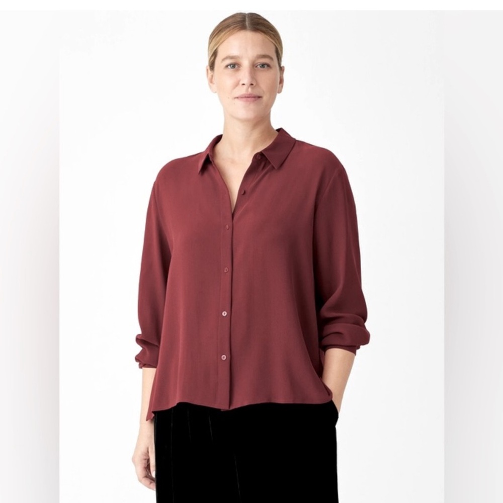 Eileen Fisher Woman Size XS 100% Silk Georgette Crepe‎ Classic Collar Shirt NWT